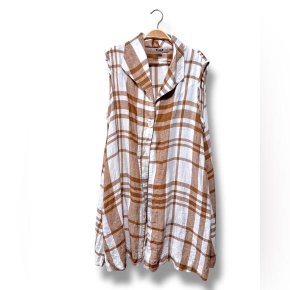 Flax Brown White Plaid 100% Linen Lagenlook Tunic Vest Size Medium - Picture 2 of 6